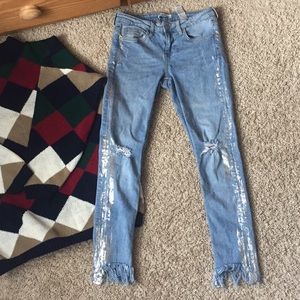 Zara denim fringed Jeans with metallic accents